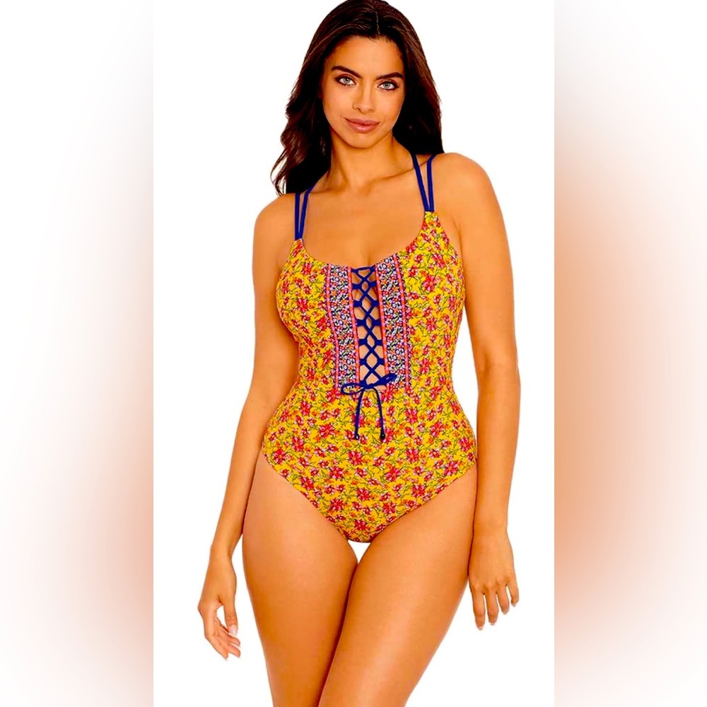 Skinny Dippers Reversible One Piece Swimsuit Floral Lace Up Back Yellow Blue NWT
